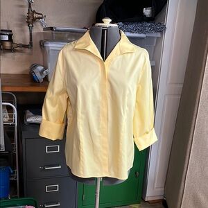 Chico's Yellow No Iron Blouse with Notched Collar and 3/4 Sleeves Size 3